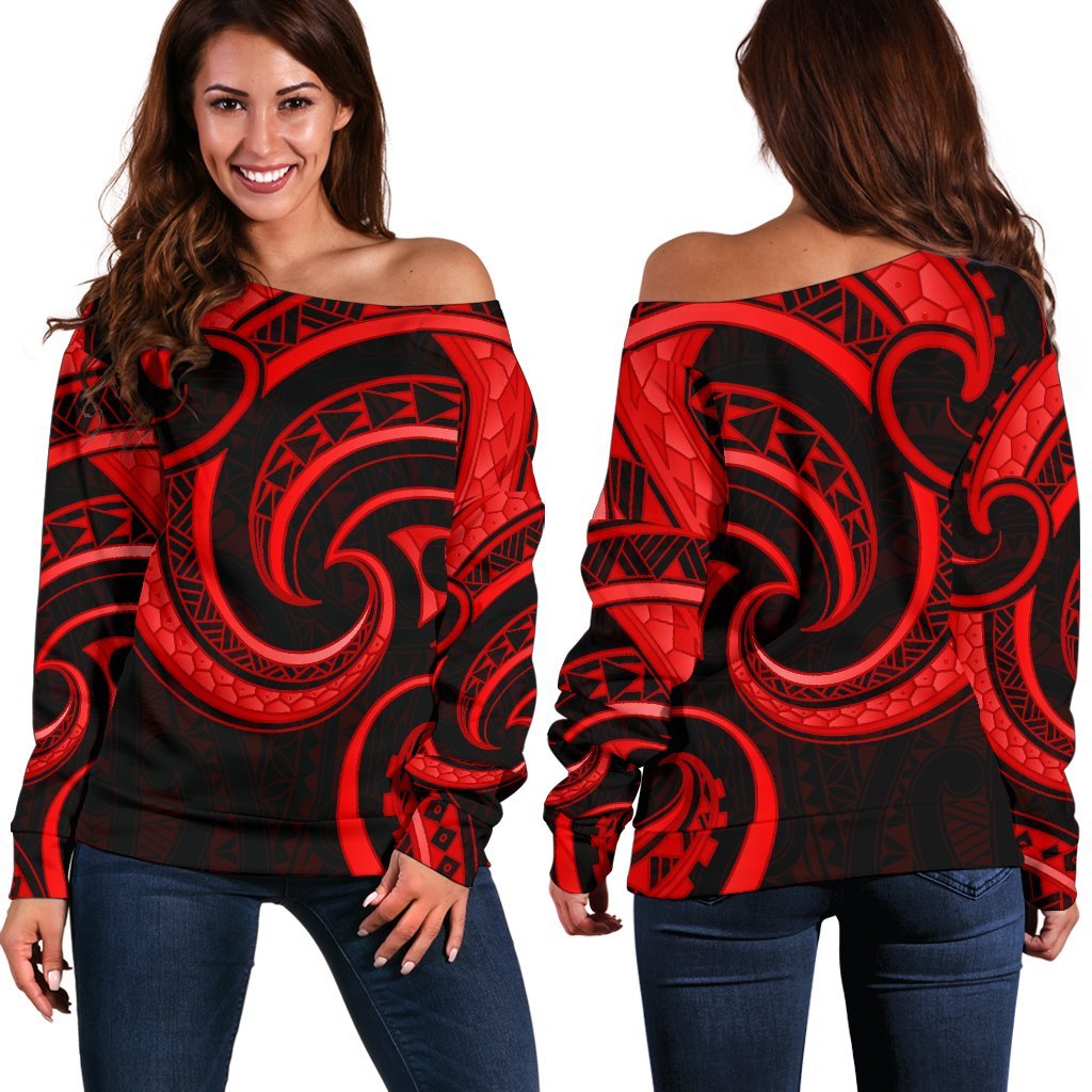 New Zealand Maori Mangopare Women Off Shoulder Sweater Polynesian Red