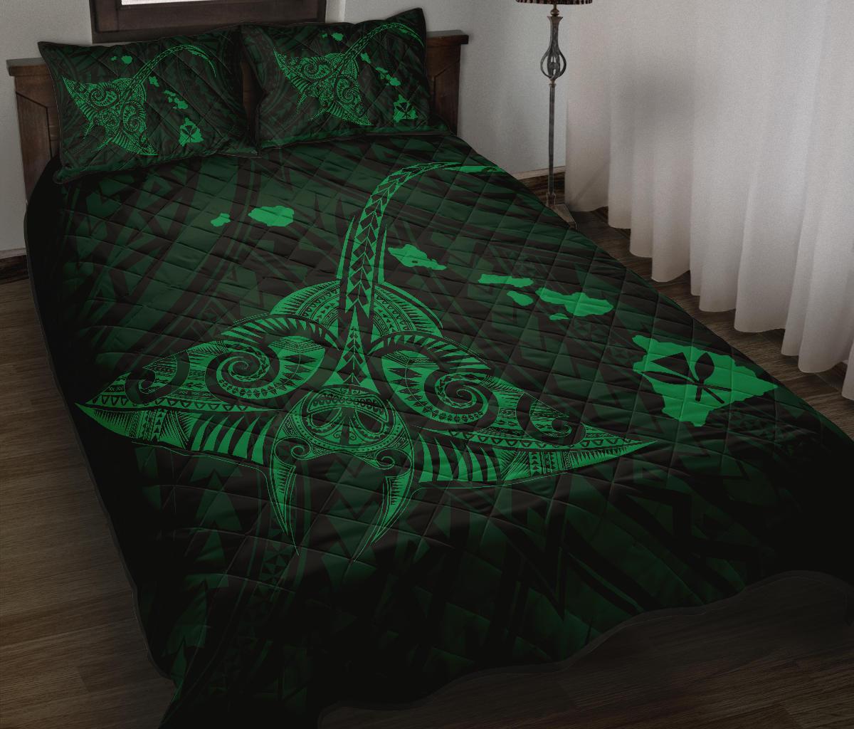 Hawaii Manta Ray Map Polynesian Green Quilt Bed Set