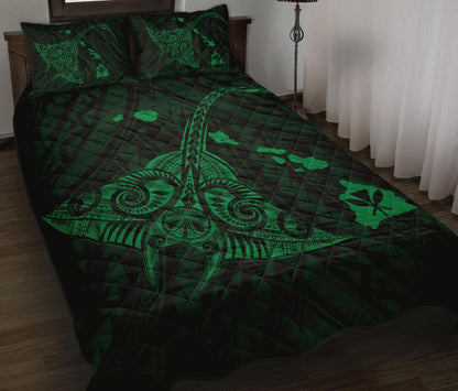 Hawaii Manta Ray Map Polynesian Green Quilt Bed Set