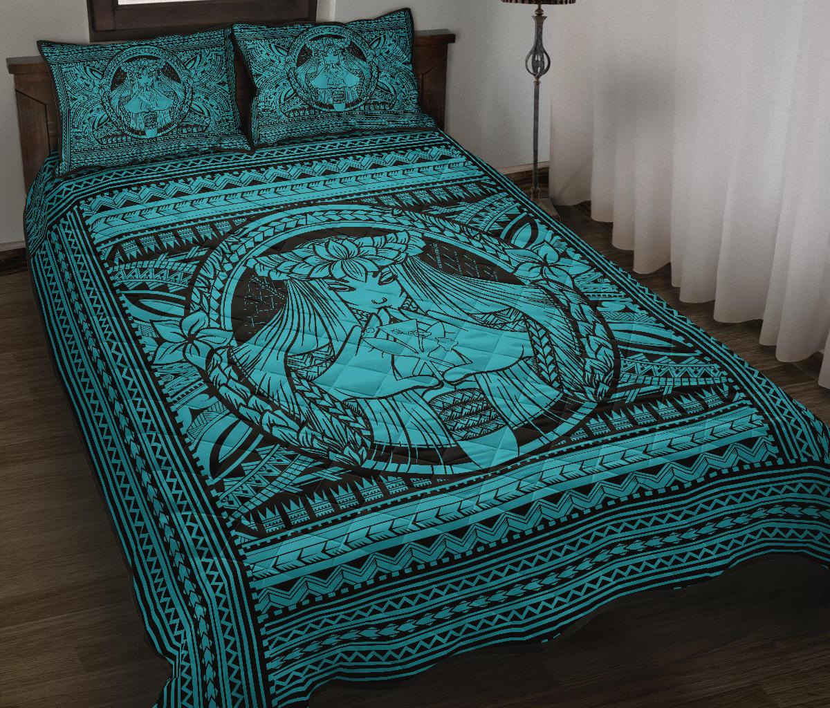 Hawaii Polynesian Pele Kanaka Quilt Bed Set Blue