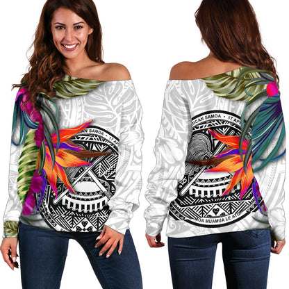 American Samoa Women's Off Shoulder Sweater Hibiscus Polynesian White pattern