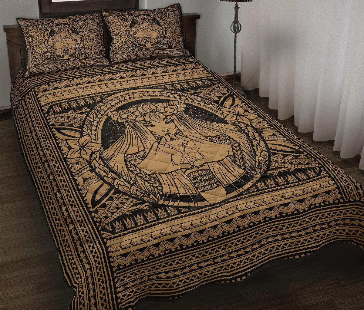Hawaii Polynesian Pele Kanaka Quilt Bed Set Gold