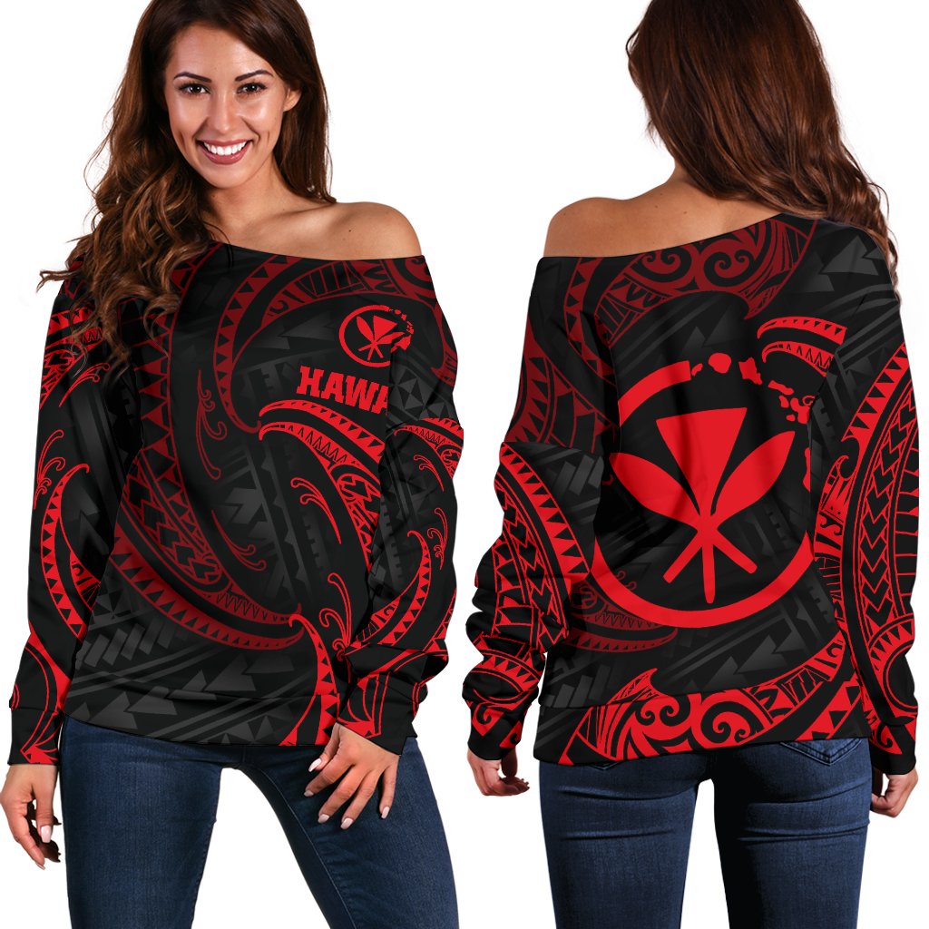 Hawaii Polynesian Women's Off Shoulder Sweater Red Tribal Wave