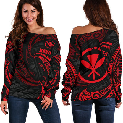 Hawaii Polynesian Women's Off Shoulder Sweater Red Tribal Wave