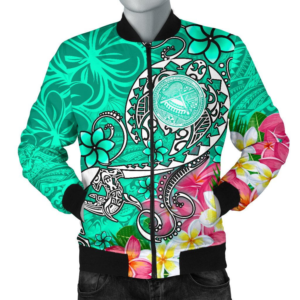 American Samoa Polynesian Men's Bomber Jacket Turtle Plumeria (Turquoise)