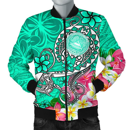 American Samoa Polynesian Men's Bomber Jacket Turtle Plumeria (Turquoise)