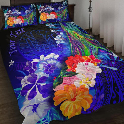 Tahiti Custom Personalised Quilt Bed Set Humpback Whale with Tropical Flowers (Blue)