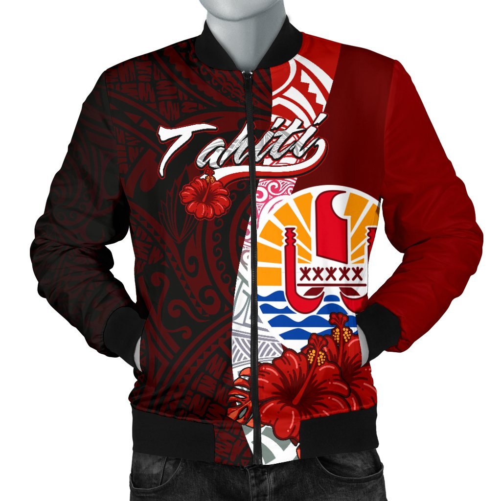 Tahiti Polynesian Men's Bomber Jacket Coat Of Arm With Hibiscus