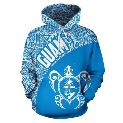 Guam Hoodie Guam Coat Of Arm In Turtle Polynesian Tattoo Blue White Th9