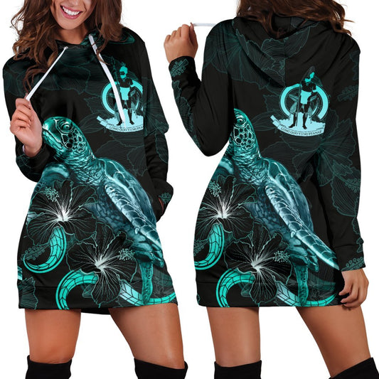 Vanuatu Polynesian Hoodie Dress Turtle With Blooming Hibiscus Turquoise