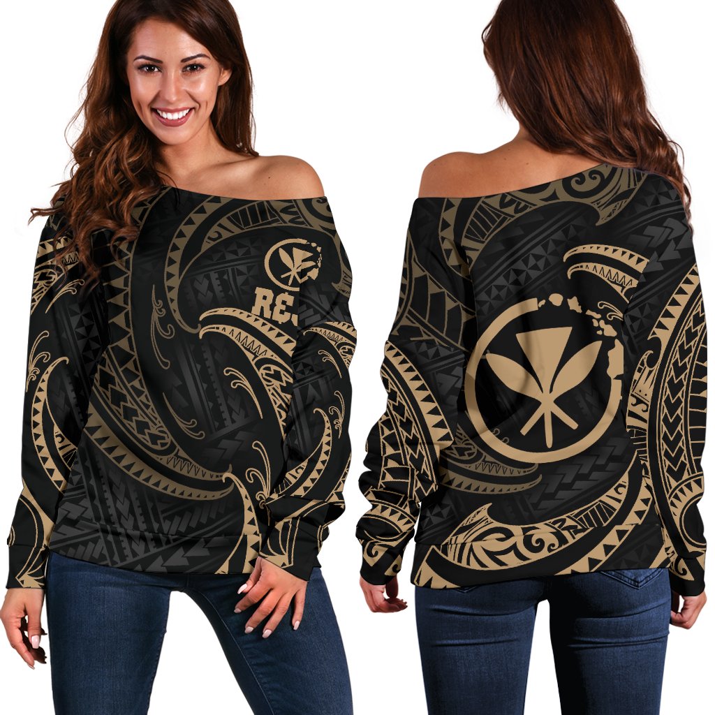 Hawaii Polynesian Custom Personalised Women's Off Shoulder Sweater Gold Tribal Wave