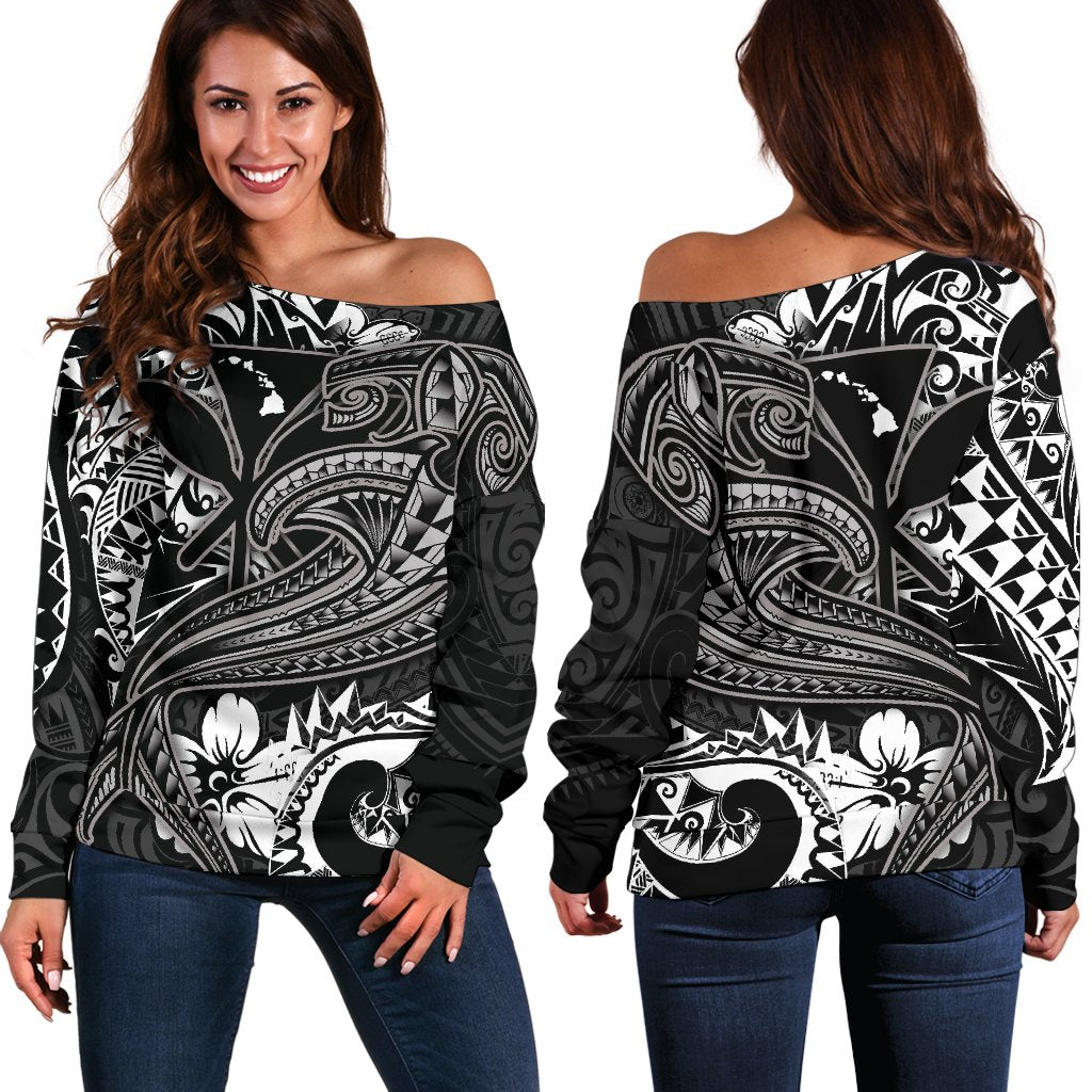 Hawaii Polynesian Women's Off Shoulder Sweater Kanaka Maoli White Shark Polynesian Tattoo
