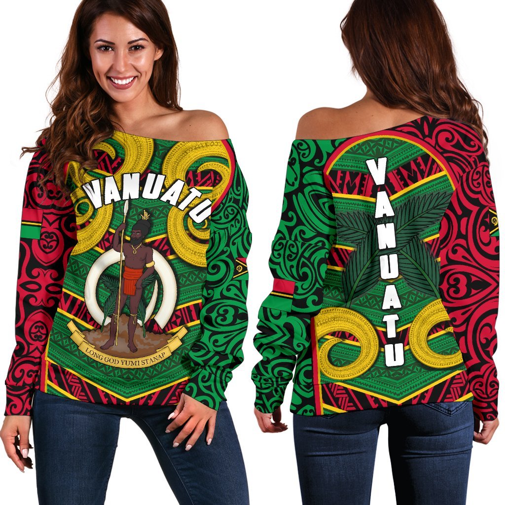 Vanuatu Women'S Off Shoulder Sweater Pig Tusk Polynesian Coat Of Arms