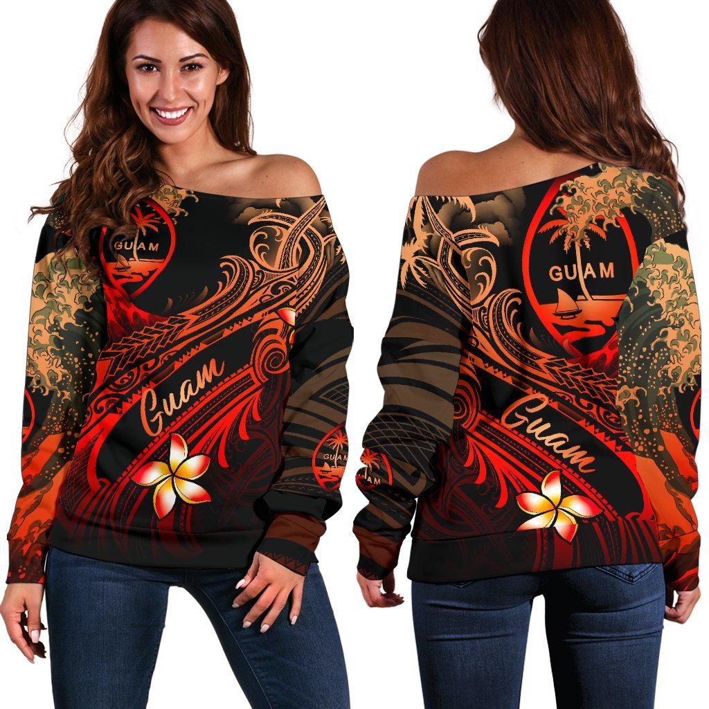 Guam Polynesian Women's Off Shoulder Sweater Plumeria Flowers And Waves