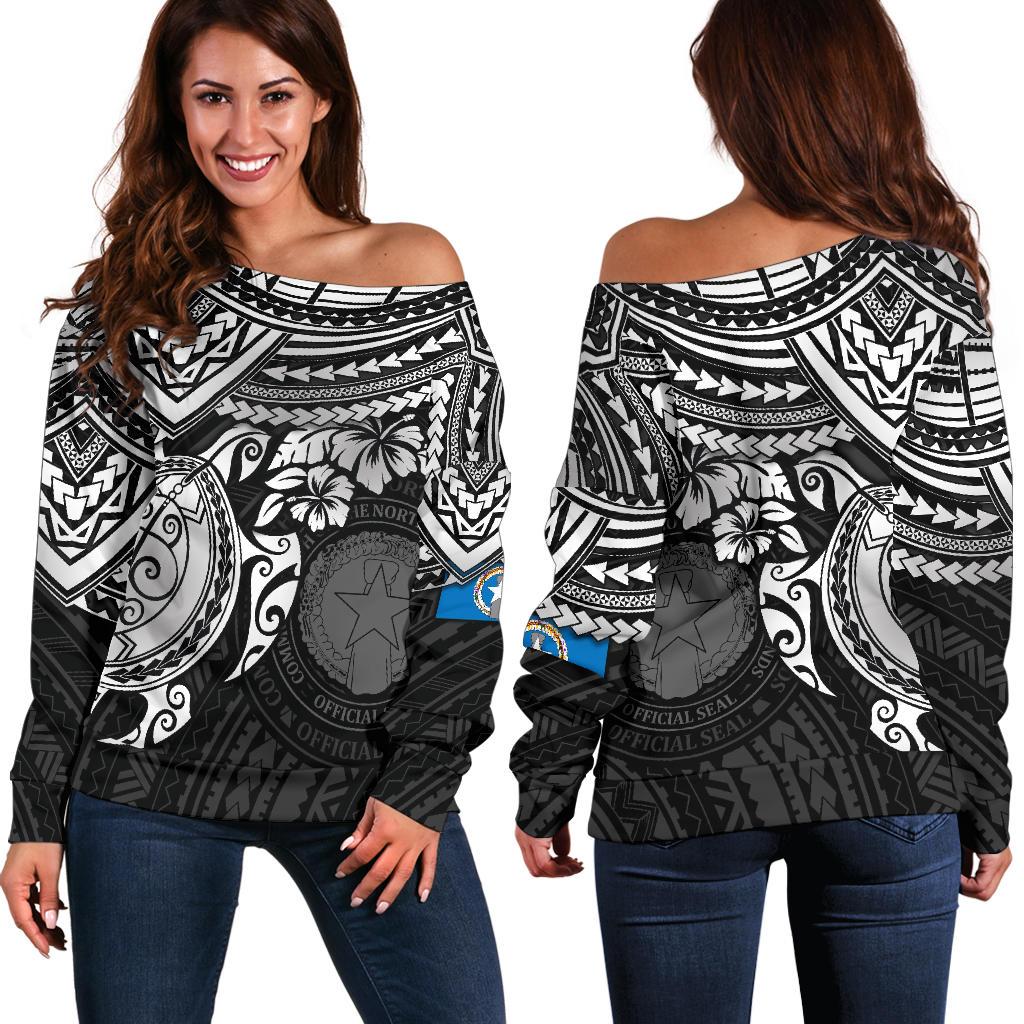 Northern Mariana Islands Polynesian Women's Off Shoulder Sweater White Turtle