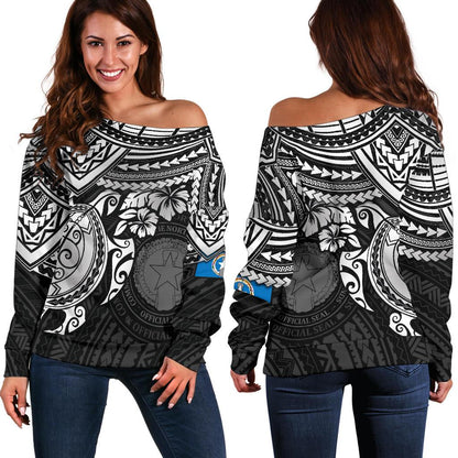 Northern Mariana Islands Polynesian Women's Off Shoulder Sweater White Turtle