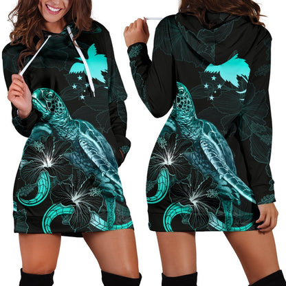 Papua New Guinea Polynesian Hoodie Dress Turtle With Blooming Hibiscus Turquoise