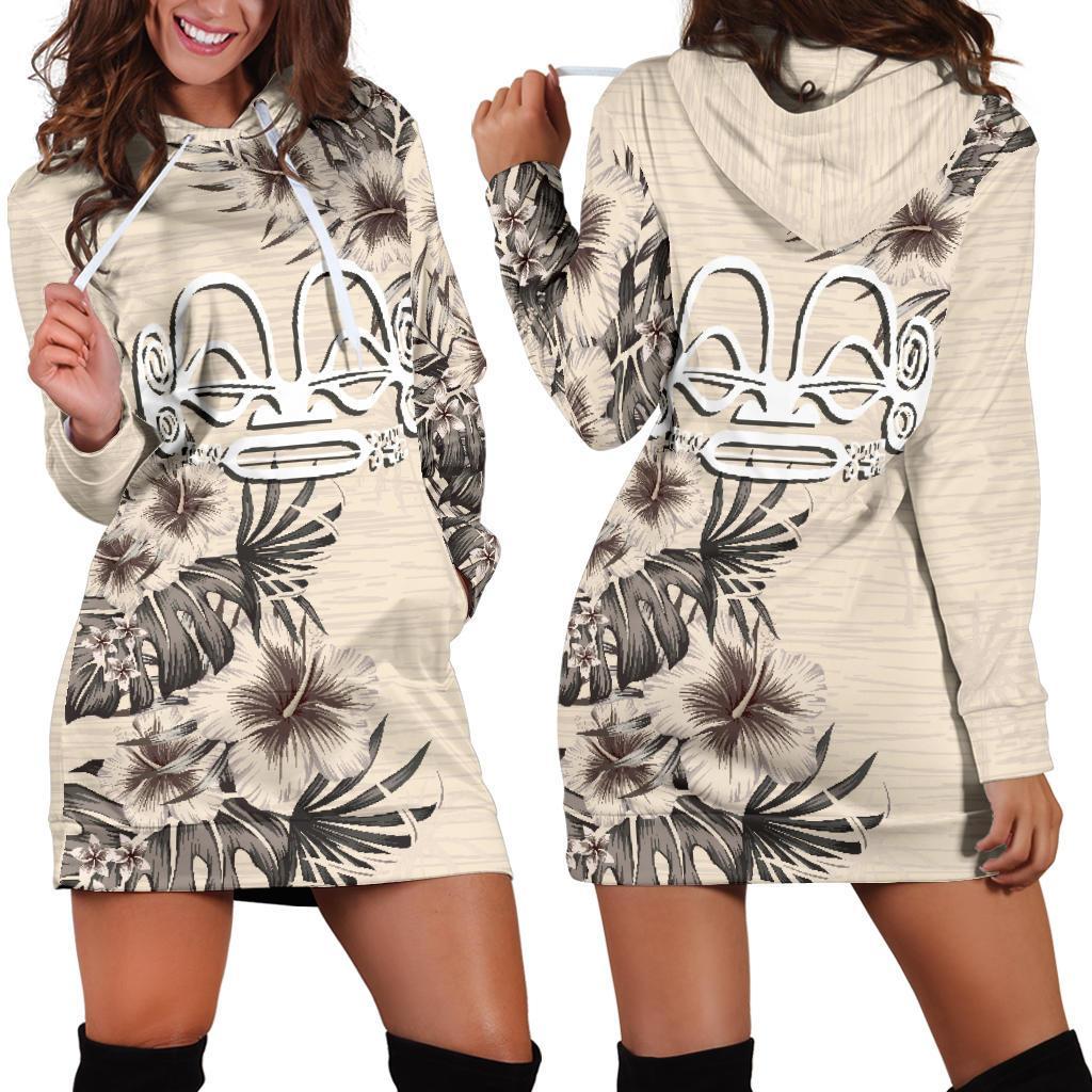 Marquesas Islands Hoodie Dress Marquesas Islands Tiki Face & Beige Hibiscus