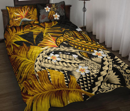 Kanaka Maoli (Hawaiian) Quilt Bed Set, Polynesian Pineapple Banana Leaves Turtle Tattoo Yellow