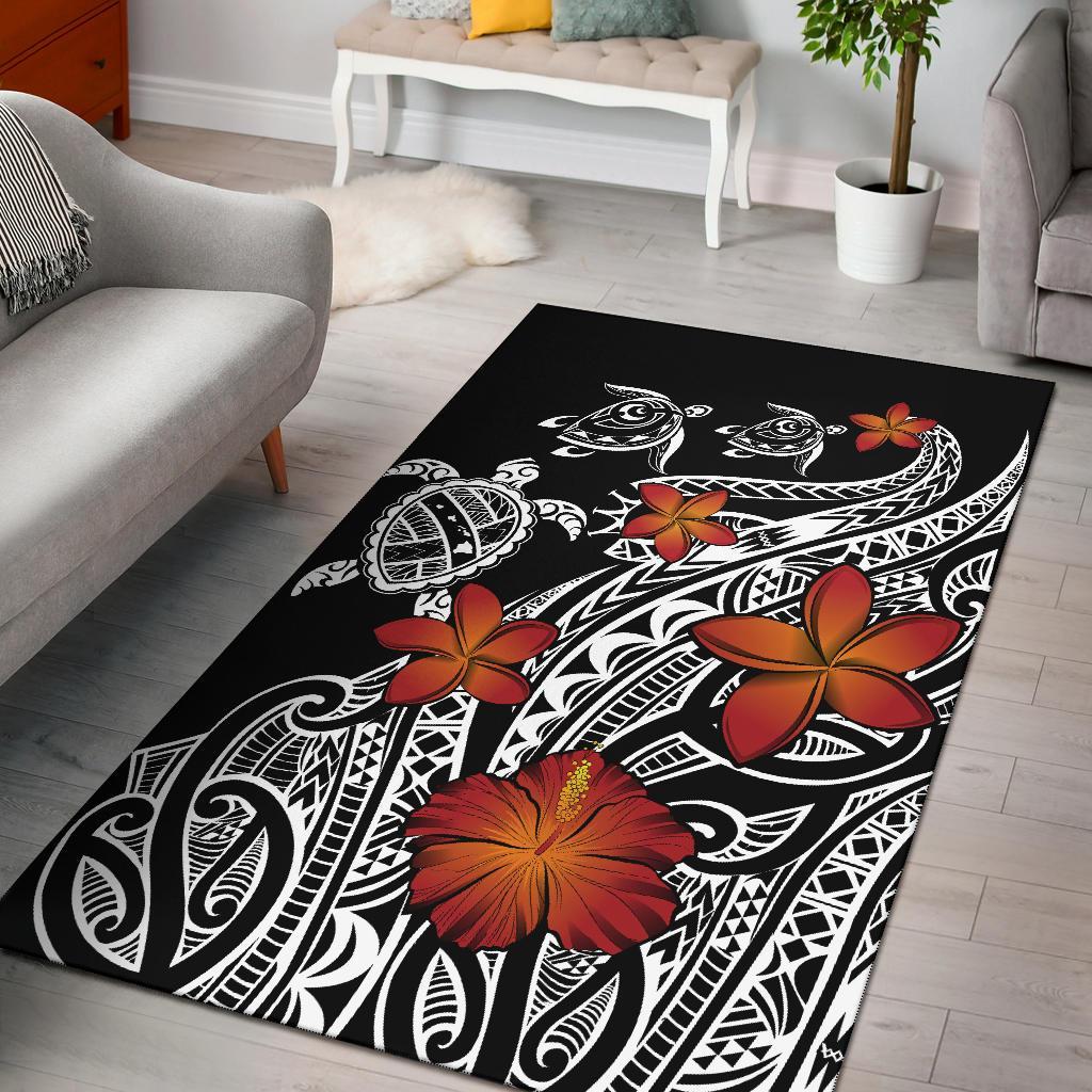 Hawaiian Map Turtle Swim Plumeria Polynesian Rug J6