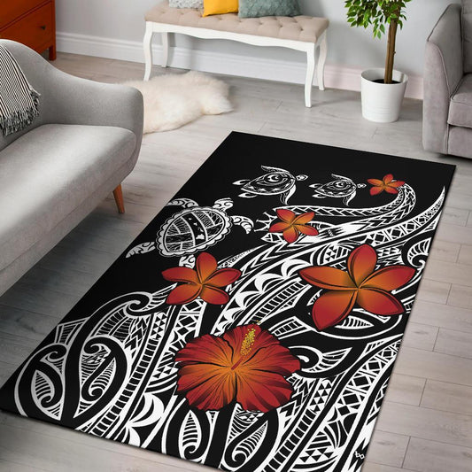Hawaiian Map Turtle Swim Plumeria Polynesian Rug J6