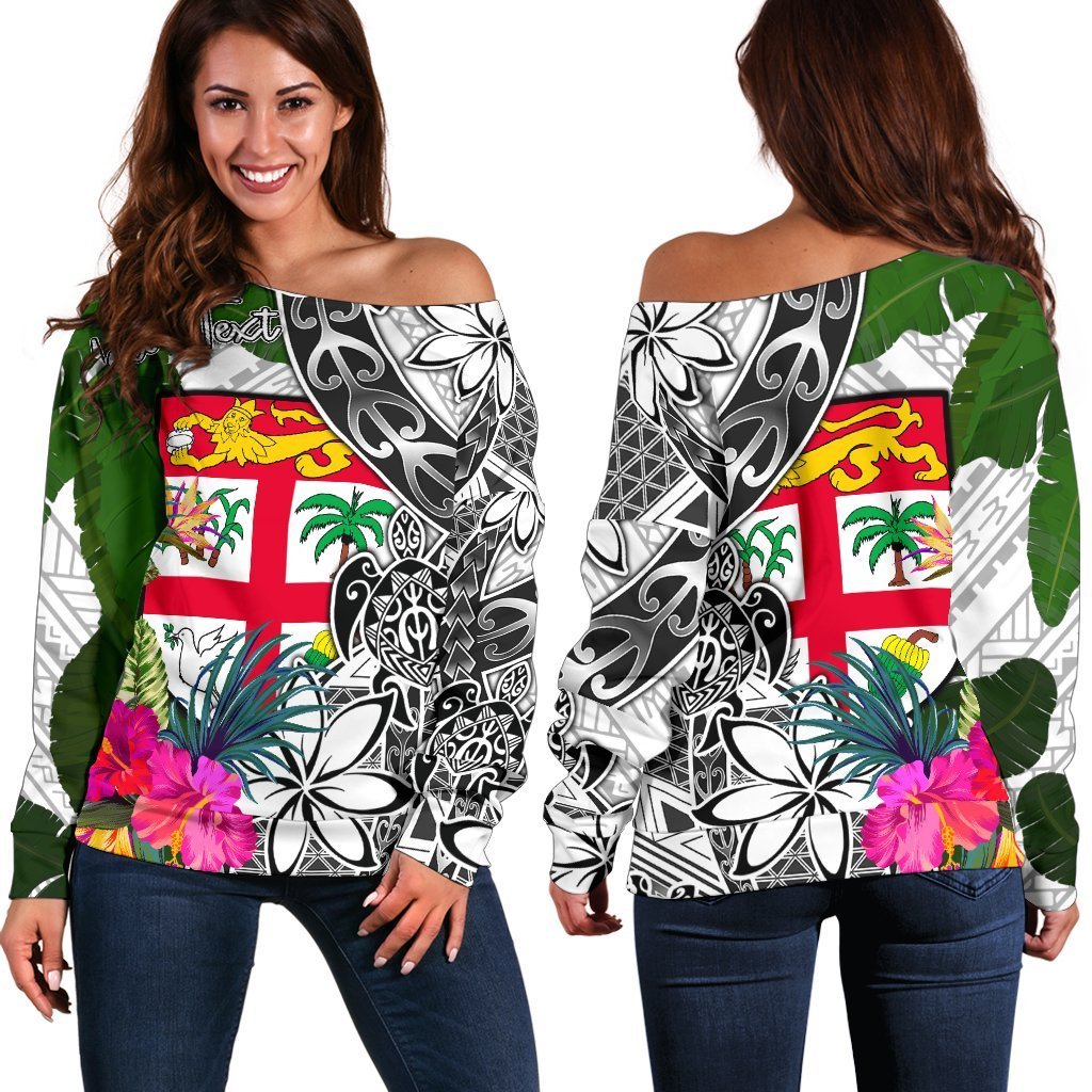 Fiji Custom Personalised Women's Off Shoulder Sweater White Turtle Plumeria Banana Leaf