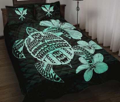 Hawaiian Kanaka Hibiscus Plumeria Mix Polynesian Turtle Quilt Bed Set Turquoise AH