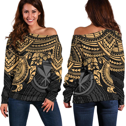 Polynesian Hawaii Women's Off Shoulder Sweater Gold Turtle