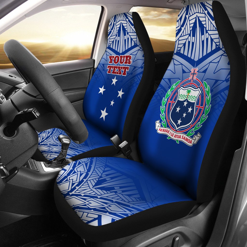 Samoa Custom Personalised Car Seat Covers Samoa Flag Coat Of Arms Polynesian Tattoo Fog Blue
