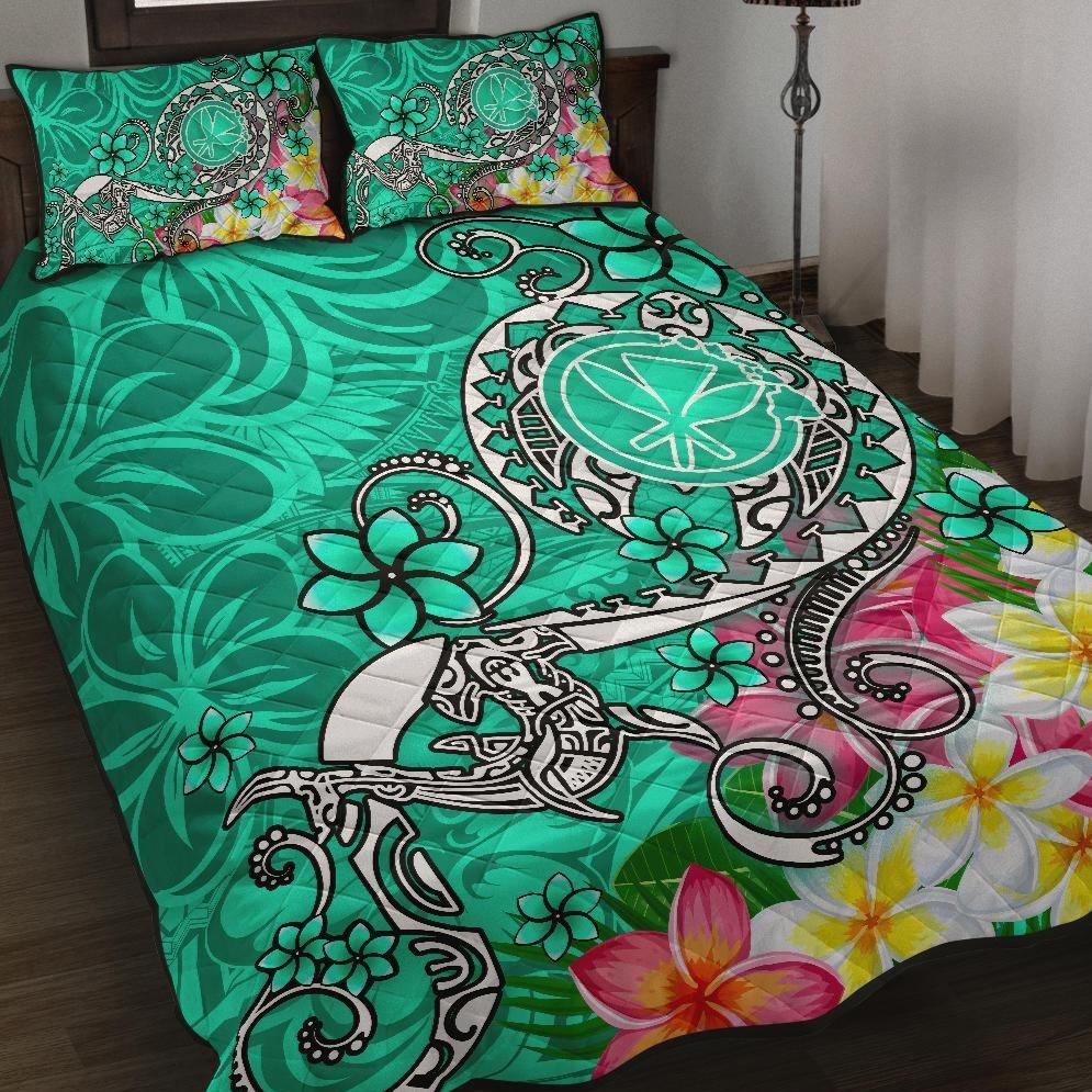 Hawaii Quilt Bed Set Turtle Plumeria Polynesian Tattoo Turquoise Color