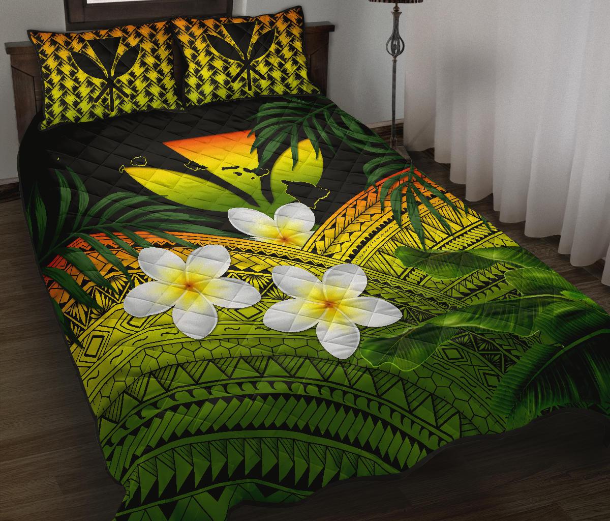 Kanaka Maoli (Hawaiian) Quilt Bed Set, Polynesian Plumeria Banana Leaves Reggae