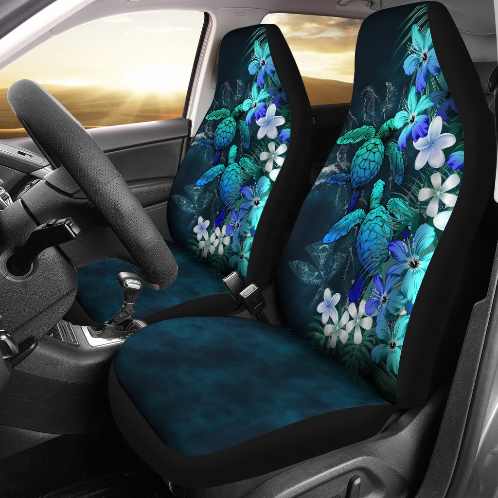 Kanaka Maoli (Hawaiian) Car Seat Covers Sea Turtle Tropical Hibiscus And Plumeria Blue