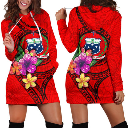 Samoa Polynesian Women's Hoodie Dress Floral With Seal Red