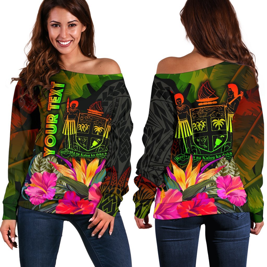 Fiji Polynesian Personalised Women's Off Shoulder Sweater Hibiscus and Banana Leaves