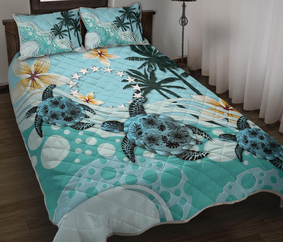 Cook Islands Quilt Bed Set Blue Turtle Hibiscus