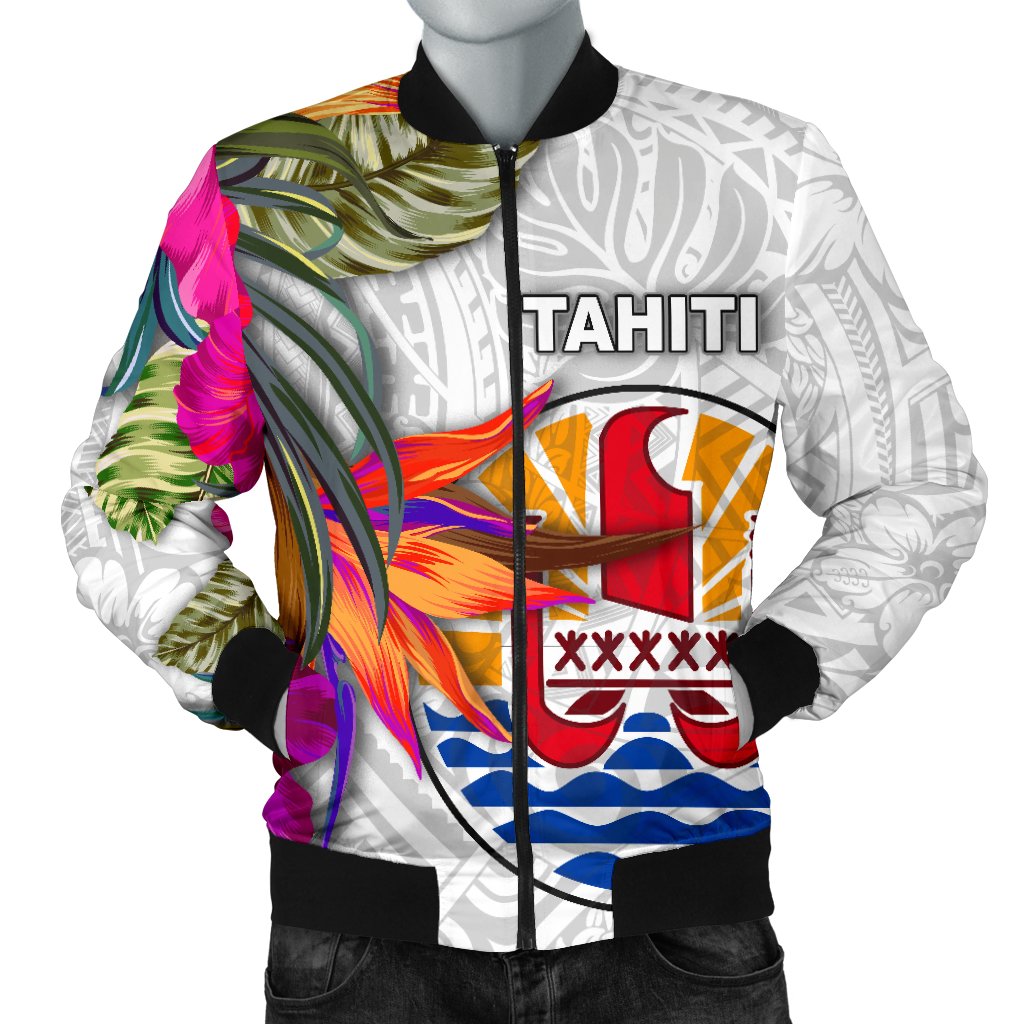 Tahiti Men's Bomber Jacket Polynesian Hibiscus White Pattern