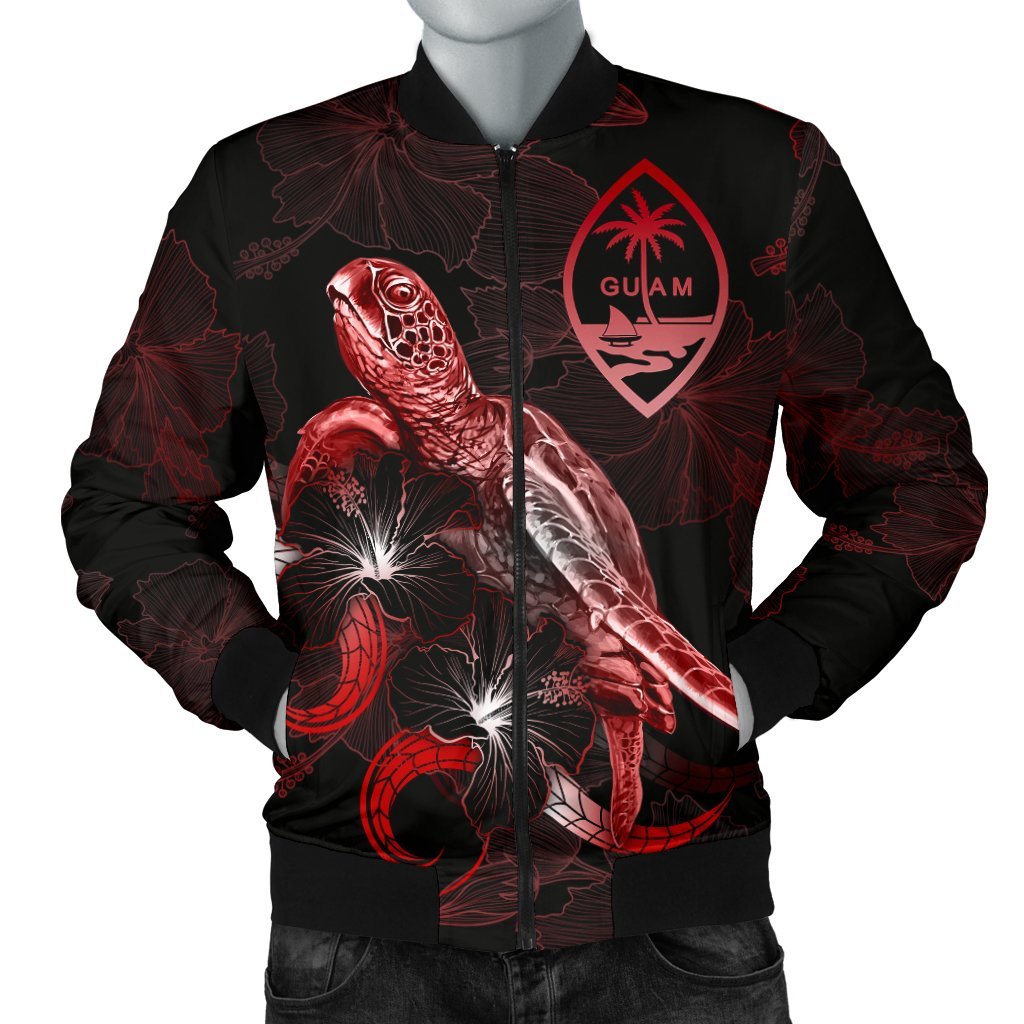 Guam Polynesian Men's Bomber Jacket Turtle With Blooming Hibiscus Red
