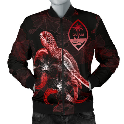 Guam Polynesian Men's Bomber Jacket Turtle With Blooming Hibiscus Red