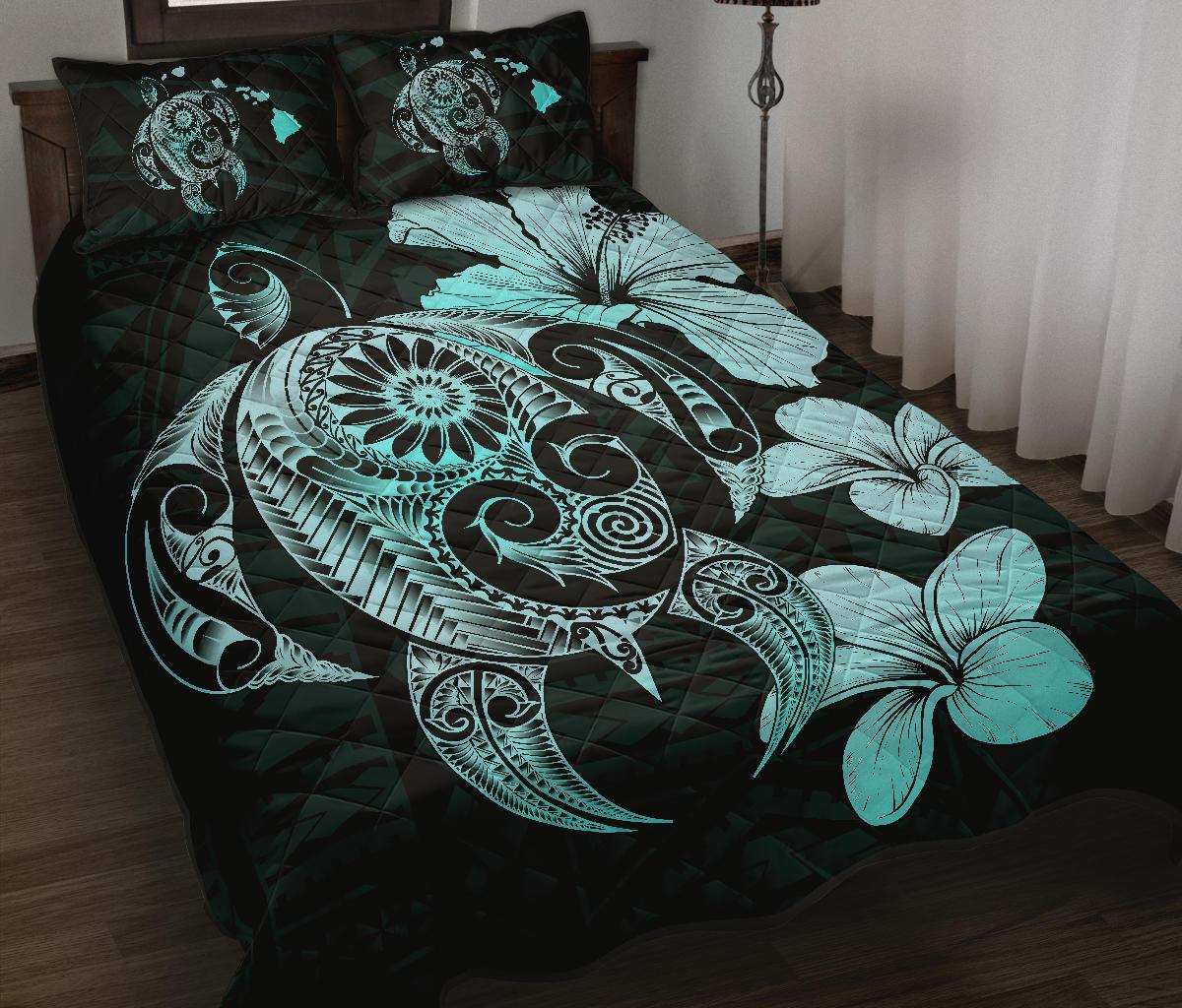 Hibiscus Plumeria Mix Polynesian Turquoise Turtle Quilt Bed Set