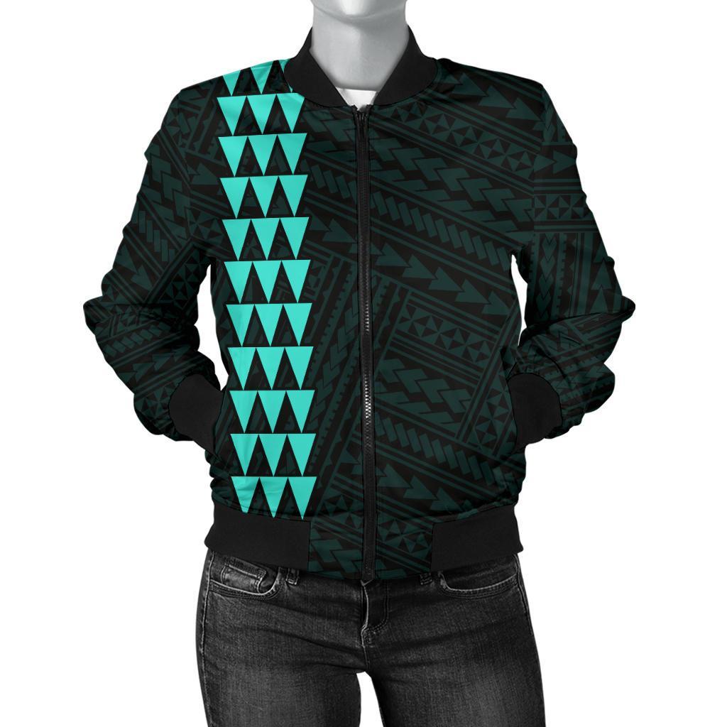 Hawaii Kakau Polynesian Turtle Map Women's Bomber Jacket Turquoise