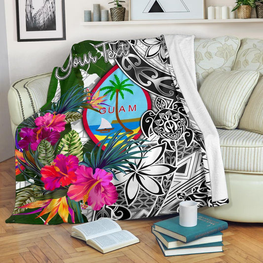 Guam Custom Personalised Premium Blanket White Turtle Plumeria Banana Leaf
