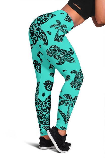 Polynesian Turtle Palm And Sea Pebbles Turquoise Hawaii Women's Leggings AH