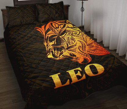 Sun In Leo Zodiac Quilt Bed Set Polynesian Tattoo Simple Orange Black