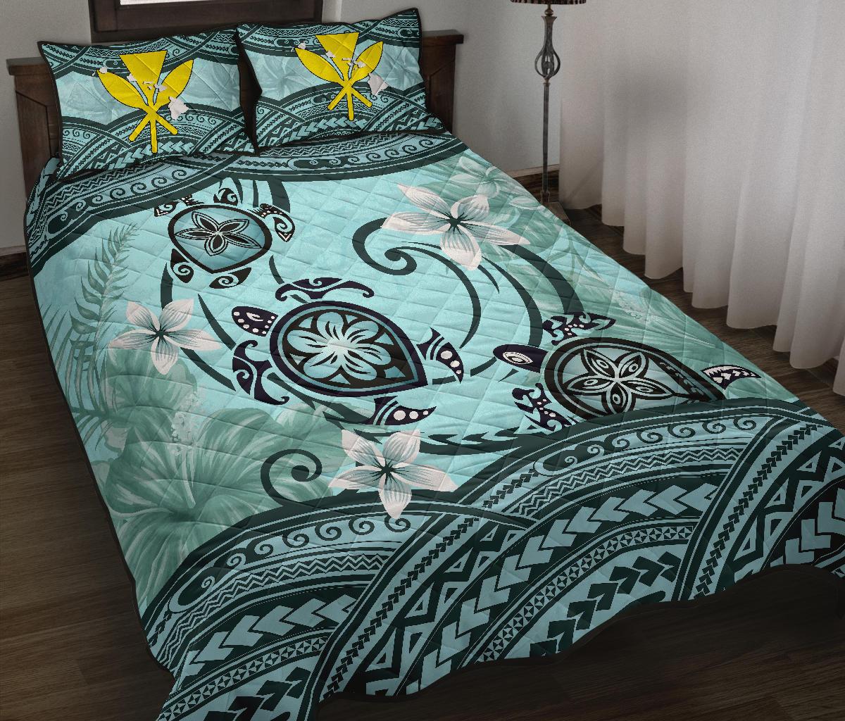 Kanaka Maoli (Hawaiian) Quilt Bed Set Polynesian Turtle Plumeria Blue