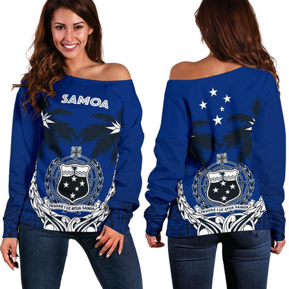 Samoa Polynesian Coconut Women's Off Shoulder Sweater (Blue) A02