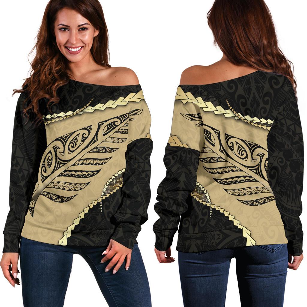 Paua Shell, Maori Silver Fern Women's Off Shoulder Sweater