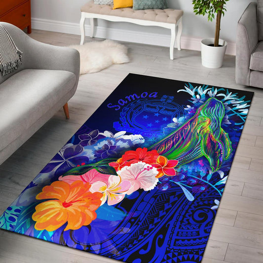 Samoa Area Rug Humpback Whale with Tropical Flowers (Blue)