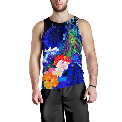 Cook Islands Men's Tank Top Humpback Whale with Tropical Flowers Blue