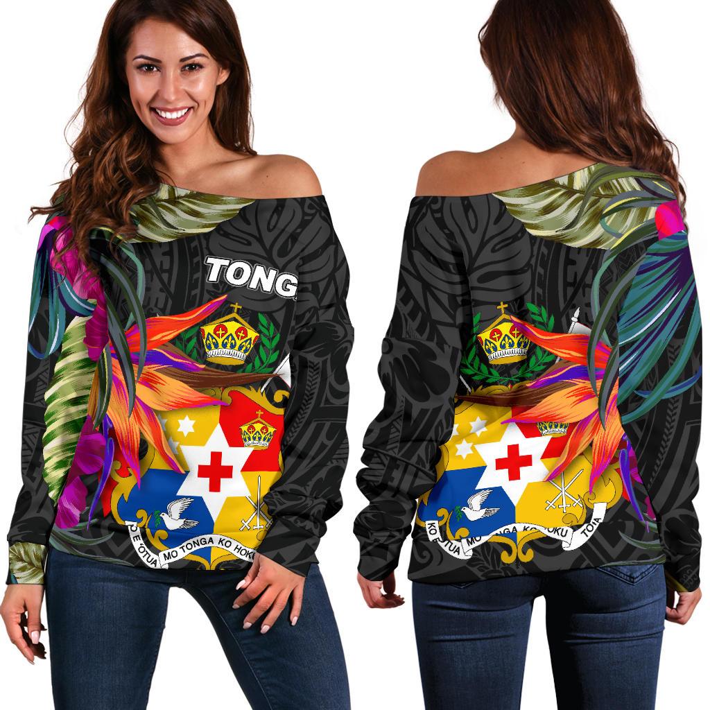 Tonga Women's Off Shoulder Sweater Polynesian Hibiscus Pattern