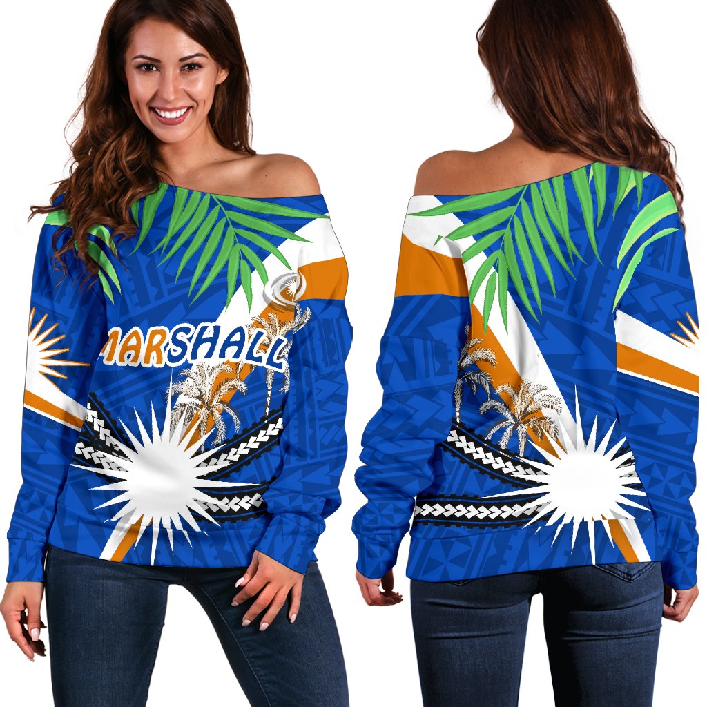 Marshall Islands Rugby Off Shoulder Sweater Coconut Leaves